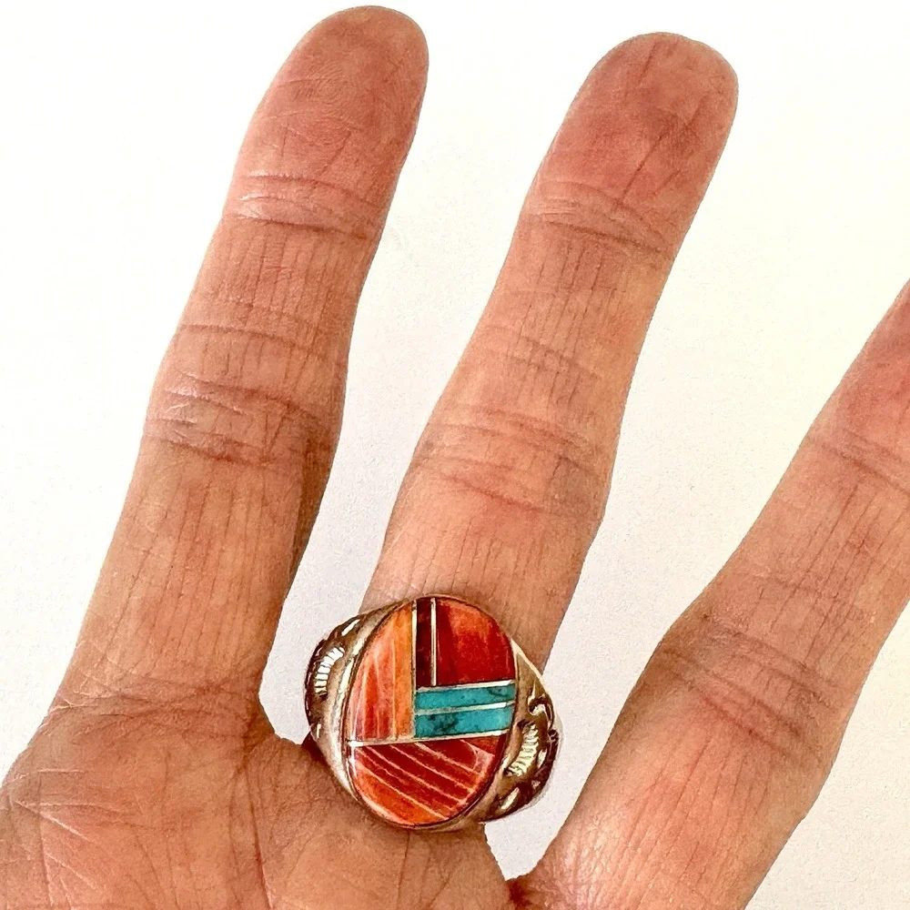 Navajo Mens Ring Turquoise Orange‎ Spiny Oyster Sz 12.5 Signed PLL Sterling USA
